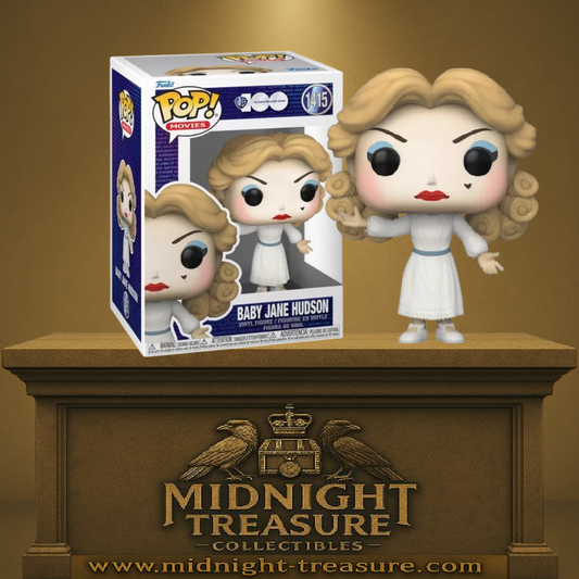 Funko Pop! What Ever Happened to Baby Jane? – Baby Jane Hudson – N°1415 – 9 cm – Funko. Figurine fidèle au personnage culte de Bette Davis avec robe blanche, boucles blondes et maquillage exagéré. Un incontournable du cinéma classique.