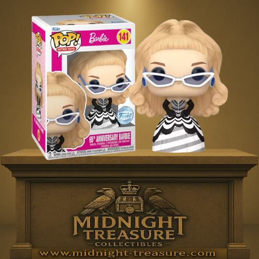 Funko Pop! Barbie – 65ème Anniversaire (N°141). Barbie en robe rayée noire et blanche avec lunettes rétro. Une figurine collector pleine d’élégance pour les fans de Barbie.