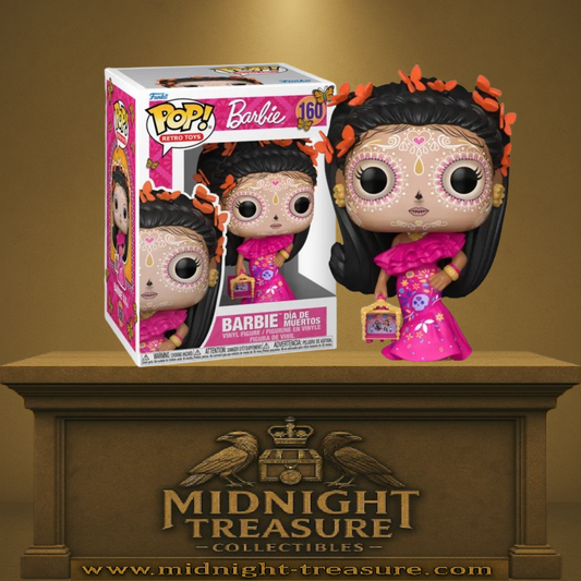 Funko Pop! Barbie Retro Toys – Barbie Día de Muertos (N°160). Figurine de Barbie en robe rose avec maquillage calavera et papillons orange dans les cheveux. Une pièce élégante et culturelle pour les fans de Barbie et de traditions mexicaines.