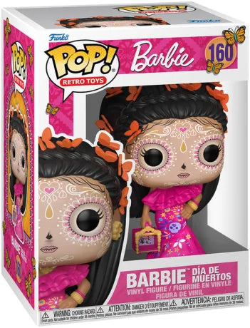 Funko Pop! Barbie Retro Toys – Barbie Día de Muertos (N°160). Figurine de Barbie en robe rose avec maquillage calavera et papillons orange dans les cheveux. Une pièce élégante et culturelle pour les fans de Barbie et de traditions mexicaines.