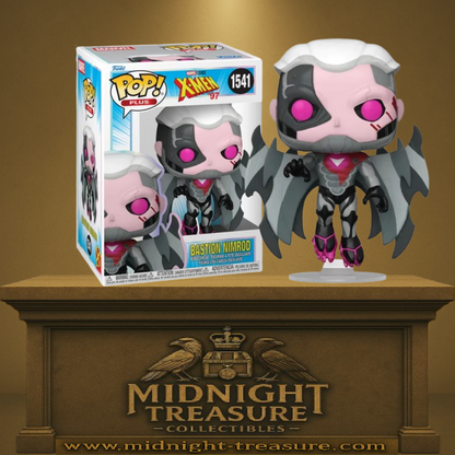 Funko Pop! X-Men 97 – Bastion Nimrod (N°1541). Figurine mi-humaine mi-sentinelle avec ailes robotiques, cheveux blancs et œil cybernétique rose. Une pièce sombre et fidèle pour les fans de Marvel et des X-Men.