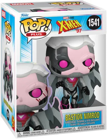 Funko Pop! X-Men 97 – Bastion Nimrod (N°1541). Figurine mi-humaine mi-sentinelle avec ailes robotiques, cheveux blancs et œil cybernétique rose. Une pièce sombre et fidèle pour les fans de Marvel et des X-Men.