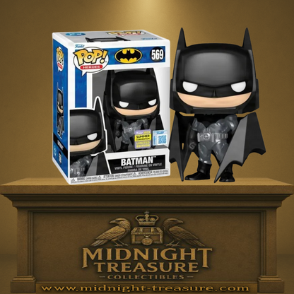 Funko Pop! DC Comics – Batman (N°569) – Summer Convention 2023. Figurine exclusive du Chevalier Noir avec cape déployée et costume noir métallisé. Un must-have pour les fans de DC.

