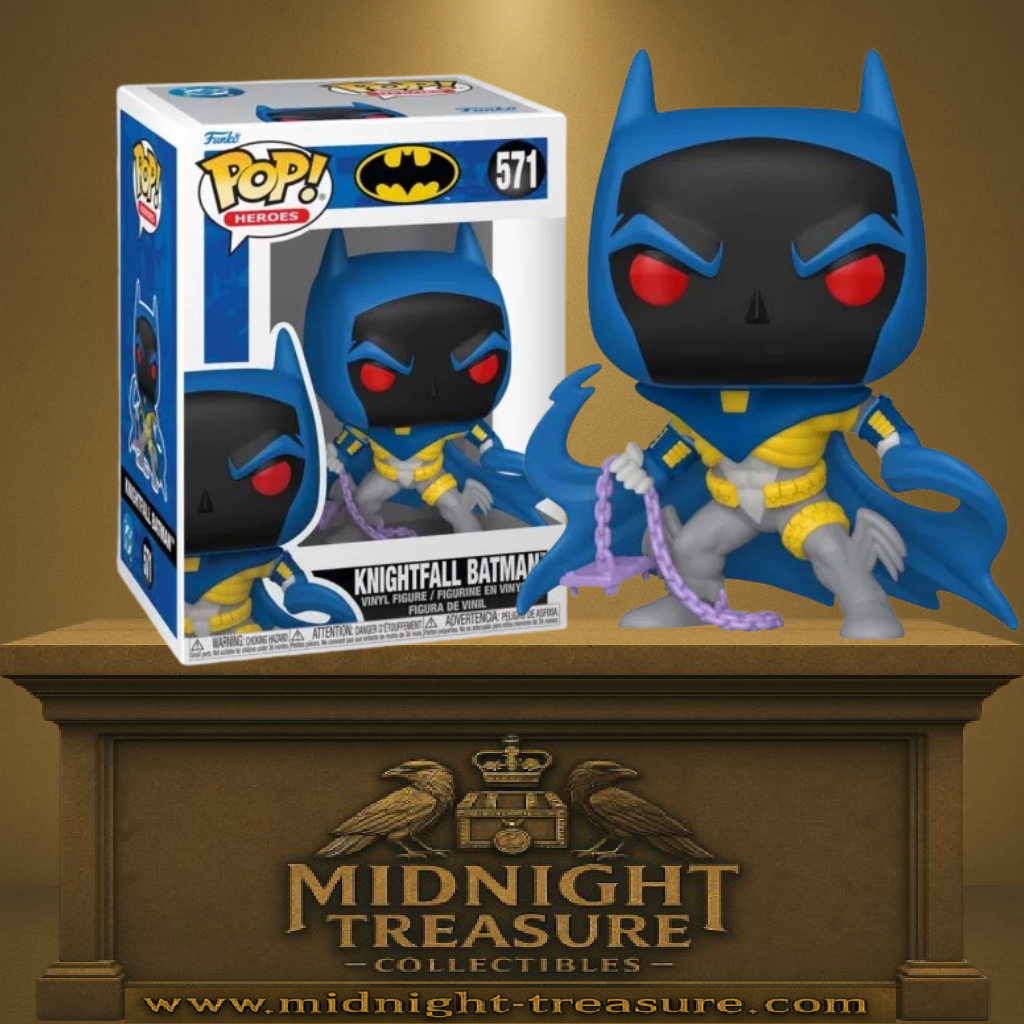 Funko Pop! DC Comics – Knightfall Batman (N°571). Figurine de Batman en armure bleue et dorée avec cape dynamique, inspirée de la saga La Chute du Chevalier Noir. Un incontournable pour les fans du Chevalier de Gotham.