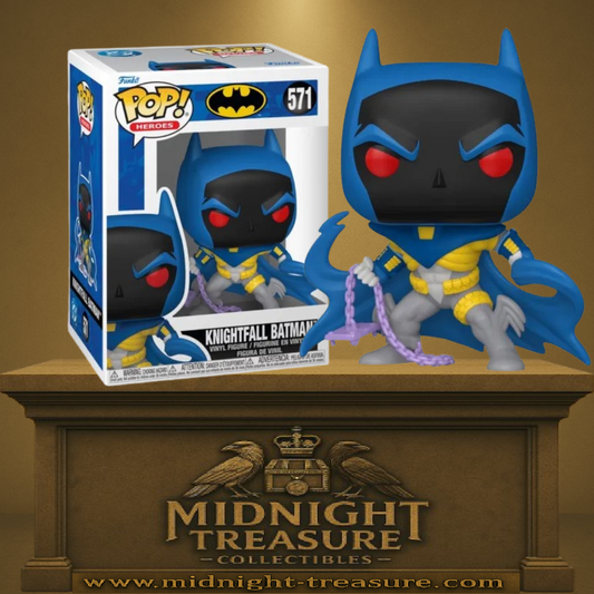 Funko Pop! DC Comics – Knightfall Batman (N°571). Figurine de Batman en armure bleue et dorée avec cape dynamique, inspirée de la saga La Chute du Chevalier Noir. Un incontournable pour les fans du Chevalier de Gotham.