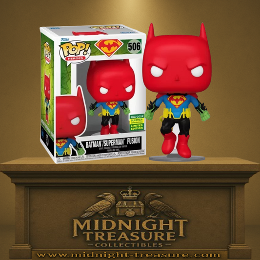 Funko Pop! DC Heroes – Batman/Superman Fusion (N°506). Édition limitée Summer Convention 2024. Costume hybride combinant les emblèmes de Superman et Batman, figurine dynamique en lévitation. Un must-have rare pour les fans de DC.
