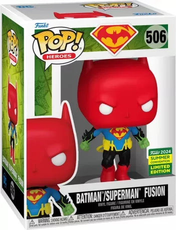 Funko Pop! DC Heroes – Batman/Superman Fusion (N°506). Édition limitée Summer Convention 2024. Costume hybride combinant les emblèmes de Superman et Batman, figurine dynamique en lévitation. Un must-have rare pour les fans de DC.
