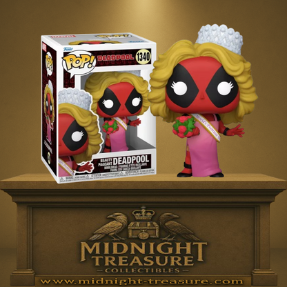 Funko Pop! Marvel – Beauty Pageant Deadpool (N°1340). Deadpool déguisé en reine de beauté avec robe rose, perruque blonde, couronne et bouquet. Une figurine décalée parfaite pour les fans du mercenaire de Marvel.