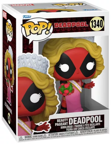 Funko Pop! Marvel – Beauty Pageant Deadpool (N°1340). Deadpool déguisé en reine de beauté avec robe rose, perruque blonde, couronne et bouquet. Une figurine décalée parfaite pour les fans du mercenaire de Marvel.