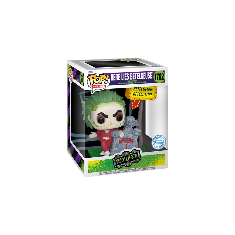 Funko Pop! Beetlejuice – Here Lies Betelgeuse (N°1762). Diorama avec panneau lumineux et pierre tombale.