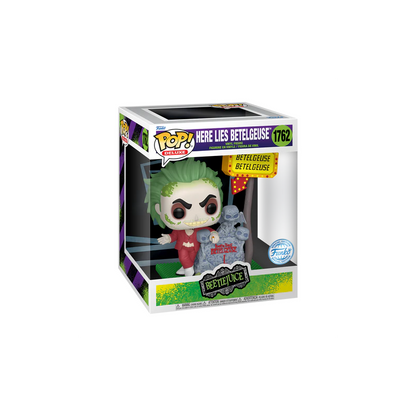 Funko Pop! Beetlejuice – Here Lies Betelgeuse (N°1762). Diorama avec panneau lumineux et pierre tombale.