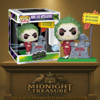Funko Pop! Beetlejuice – Here Lies Betelgeuse (N°1762). Diorama avec panneau lumineux et pierre tombale.
