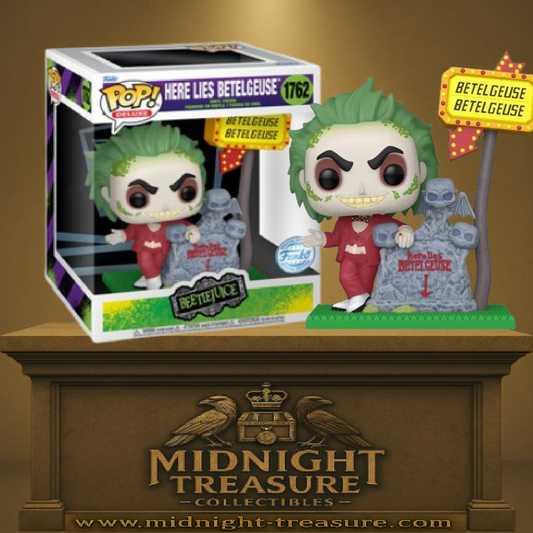 Funko Pop! Beetlejuice – Here Lies Betelgeuse (N°1762). Diorama avec panneau lumineux et pierre tombale.