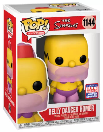 Funko Pop! The Simpsons 1144 - Belly Dancer Homer. Figurine exclusive représentant Homer Simpson en tenue de danse orientale violette, capturant l'humour décalé de l'épisode culte 'Homer's Night Out'. Une pièce unique avec sticker 2021 FunKon Limited Edition, parfaite pour les collectionneurs des Simpson.