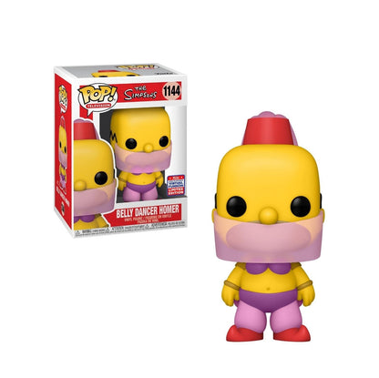 Funko Pop! The Simpsons 1144 - Belly Dancer Homer. Figurine exclusive représentant Homer Simpson en tenue de danse orientale violette, capturant l'humour décalé de l'épisode culte 'Homer's Night Out'. Une pièce unique avec sticker 2021 FunKon Limited Edition, parfaite pour les collectionneurs des Simpson.