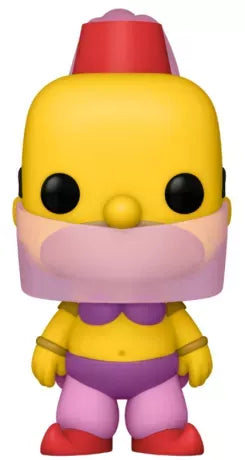 Funko Pop! The Simpsons 1144 - Belly Dancer Homer. Figurine exclusive représentant Homer Simpson en tenue de danse orientale violette, capturant l'humour décalé de l'épisode culte 'Homer's Night Out'. Une pièce unique avec sticker 2021 FunKon Limited Edition, parfaite pour les collectionneurs des Simpson.