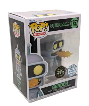 Figurine Funko Pop! Bender (1757) de Futurama, tenant une bouteille et crachant des flammes étincelantes, en édition limitée Glitter Chase et Funko Limited Edition