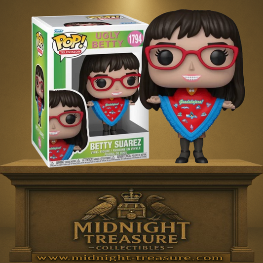 Funko Pop! Ugly Betty – Betty Suarez (N°1794). Figurine représentant Betty avec ses lunettes rouges, son poncho “Guadalajara” et son sourire iconique.