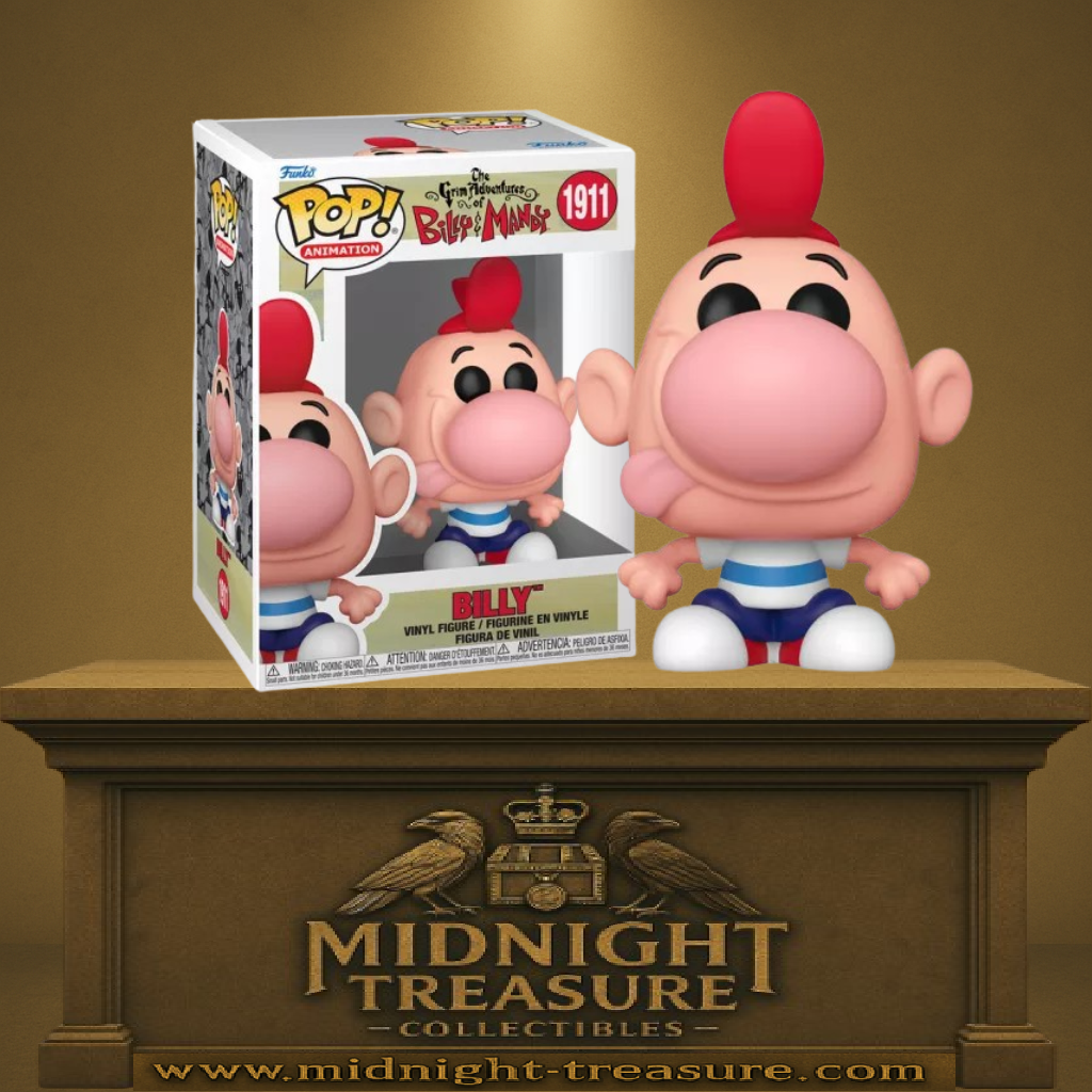 Funko Pop! The Grim Adventures of Billy & Mandy – Billy (N°1911). Billy avec coupe rouge, grand nez rose et langue tirée, portant un t-shirt rayé bleu et blanc. Figurine amusante pour les fans de Cartoon Network.