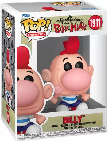 Funko Pop! The Grim Adventures of Billy & Mandy – Billy (N°1911). Billy avec coupe rouge, grand nez rose et langue tirée, portant un t-shirt rayé bleu et blanc. Figurine amusante pour les fans de Cartoon Network.