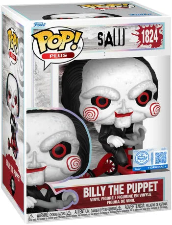 Funko Pop! SAW – Billy the Puppet (Billy la Marionnette) (N°1824). Figurine représentant la marionnette de Jigsaw sur son tricycle, avec costume noir et spirales rouges. Une Pop! effrayante et culte pour les fans de la saga SAW.