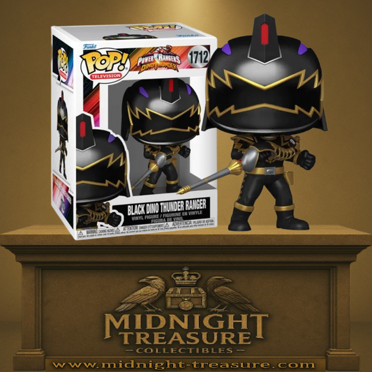 Funko Pop! Power Rangers Dino Thunder â Black Dino Thunder Ranger (N°1712). Figurine du Ranger Noir armĂ© de son Drago Staff, avec armure noire et dorĂ©e, pose de combat dynamique.