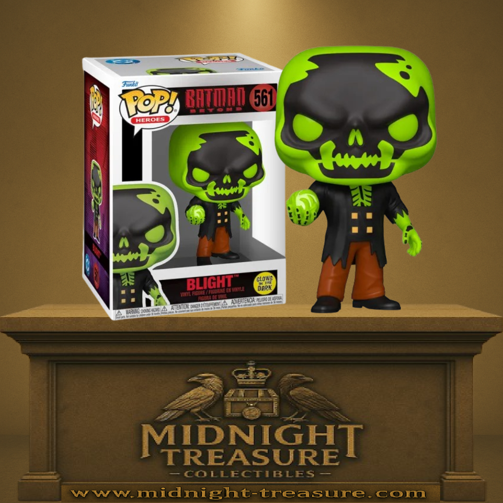 Funko Pop! Batman Beyond – Blight (N°561) Glow in the Dark. Crâne et main luminescents verts, tenue noire déchirée, sphère radioactive en main. Figurine DC Comics rare et impressionnante.

