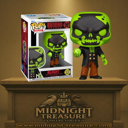 Funko Pop! Batman Beyond – Blight (N°561) Glow in the Dark. Crâne et main luminescents verts, tenue noire déchirée, sphère radioactive en main. Figurine DC Comics rare et impressionnante.

