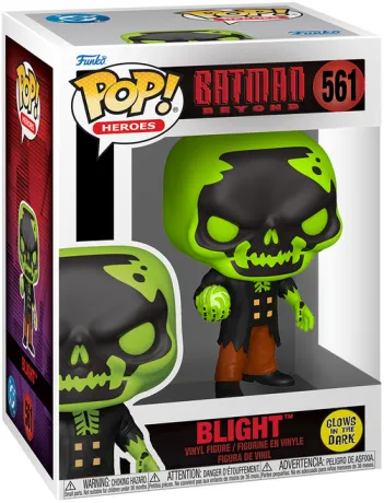 Funko Pop! Batman Beyond – Blight (N°561) Glow in the Dark. Crâne et main luminescents verts, tenue noire déchirée, sphère radioactive en main. Figurine DC Comics rare et impressionnante.


