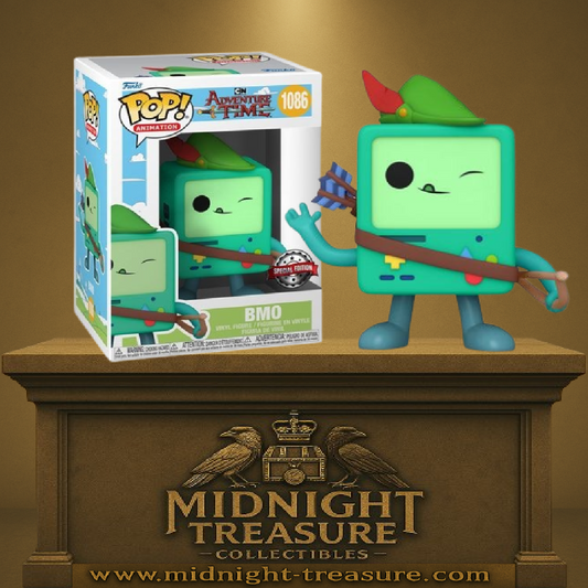 Funko Pop! Adventure Time – BMO Robin des Bois (N°1086). BMO en version Robin des Bois, avec chapeau vert, flèches et fronde. Une figurine drôle et attachante pour les fans de Adventure Time.