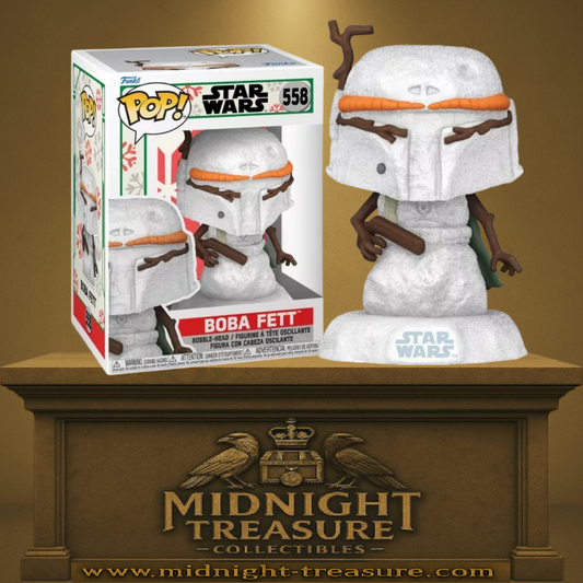 Funko Pop! Star Wars Holiday – Boba Fett Bonhomme de Neige (N°558). Figurine festive représentant Boba Fett en bonhomme de neige scintillant, avec branches en guise de bras et carotte en visière. Une pièce originale et idéale pour les fêtes.