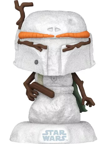 Funko Pop! Star Wars Holiday – Boba Fett Bonhomme de Neige (N°558). Figurine festive représentant Boba Fett en bonhomme de neige scintillant, avec branches en guise de bras et carotte en visière. Une pièce originale et idéale pour les fêtes.