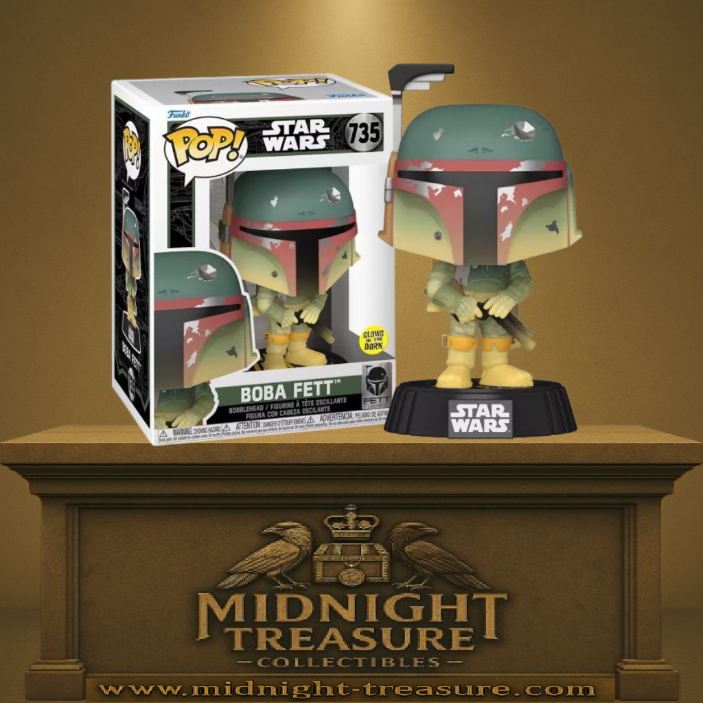 Funko Pop! Star Wars – Boba Fett (N°735) – Glow in the Dark. Le célèbre chasseur de primes en armure mandalorienne avec effet phosphorescent. Une figurine galactique incontournable pour les fans de Star Wars