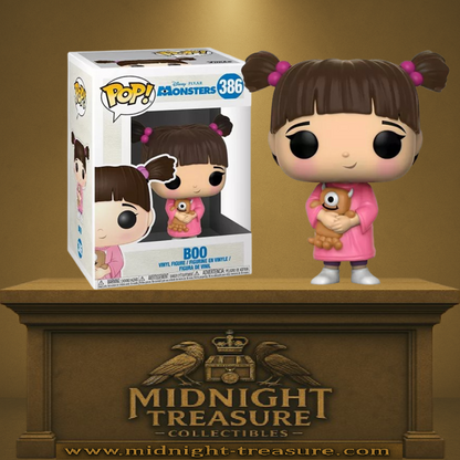 Funko Pop! Monstres & Cie – Boo (N°386) avec sa tenue rose et sa peluche-monstre.