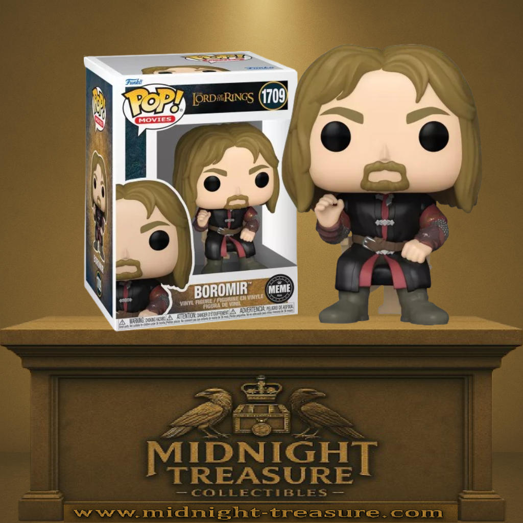 Funko Pop! The Lord of the Rings – Boromir Meme (N°1709). Figurine assise reprenant la pose iconique du meme « One does not simply… », tenue fidèle au film.