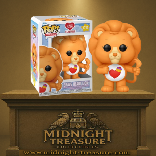 Funko Pop! Care Bears – Brave Heart Lion – N°1713 – 9 cm – Funko. Le courageux lion au symbole du cœur et pot de fleurs. Une figurine vibrante parfaite pour les fans des Cousins Bisounours.