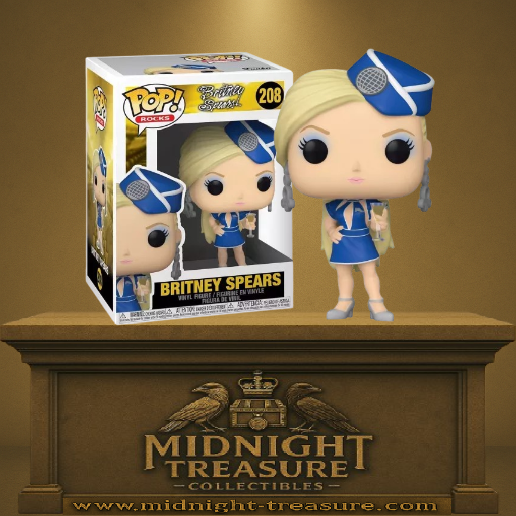 Funko Pop! Pop Rocks – Britney Spears (N°208). Britney en tenue d’hôtesse de l’air bleue inspirée du clip Toxic, coiffure blonde, coiffe bleue avec micro argenté et verre de champagne en main. Figurine fidèle à l’icône pop.