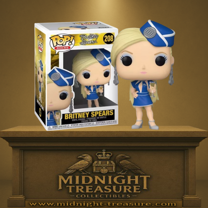 Funko Pop! Pop Rocks – Britney Spears (N°208). Britney en tenue d’hôtesse de l’air bleue inspirée du clip Toxic, coiffure blonde, coiffe bleue avec micro argenté et verre de champagne en main. Figurine fidèle à l’icône pop.