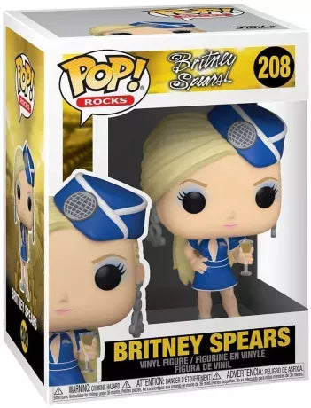 Funko Pop! Pop Rocks – Britney Spears (N°208). Britney en tenue d’hôtesse de l’air bleue inspirée du clip Toxic, coiffure blonde, coiffe bleue avec micro argenté et verre de champagne en main. Figurine fidèle à l’icône pop.