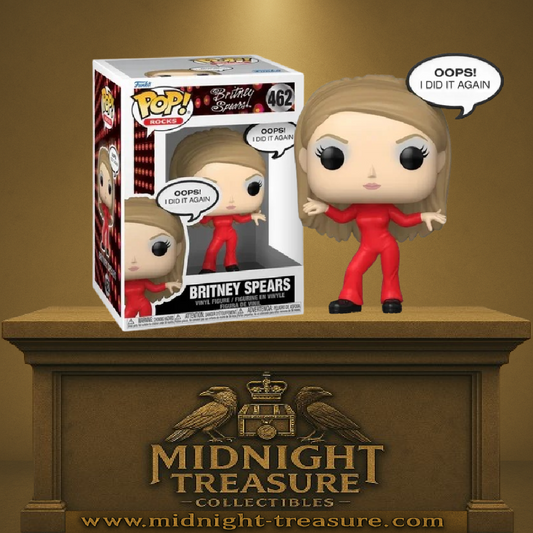 Funko Pop! Rocks – Britney Spears (462) – Oops! I Did It Again. Britney en tenue rouge iconique issue du clip culte, avec bulle "Oops! I did it again". Une figurine emblématique parfaite pour les fans de pop culture et de Britney Spears.