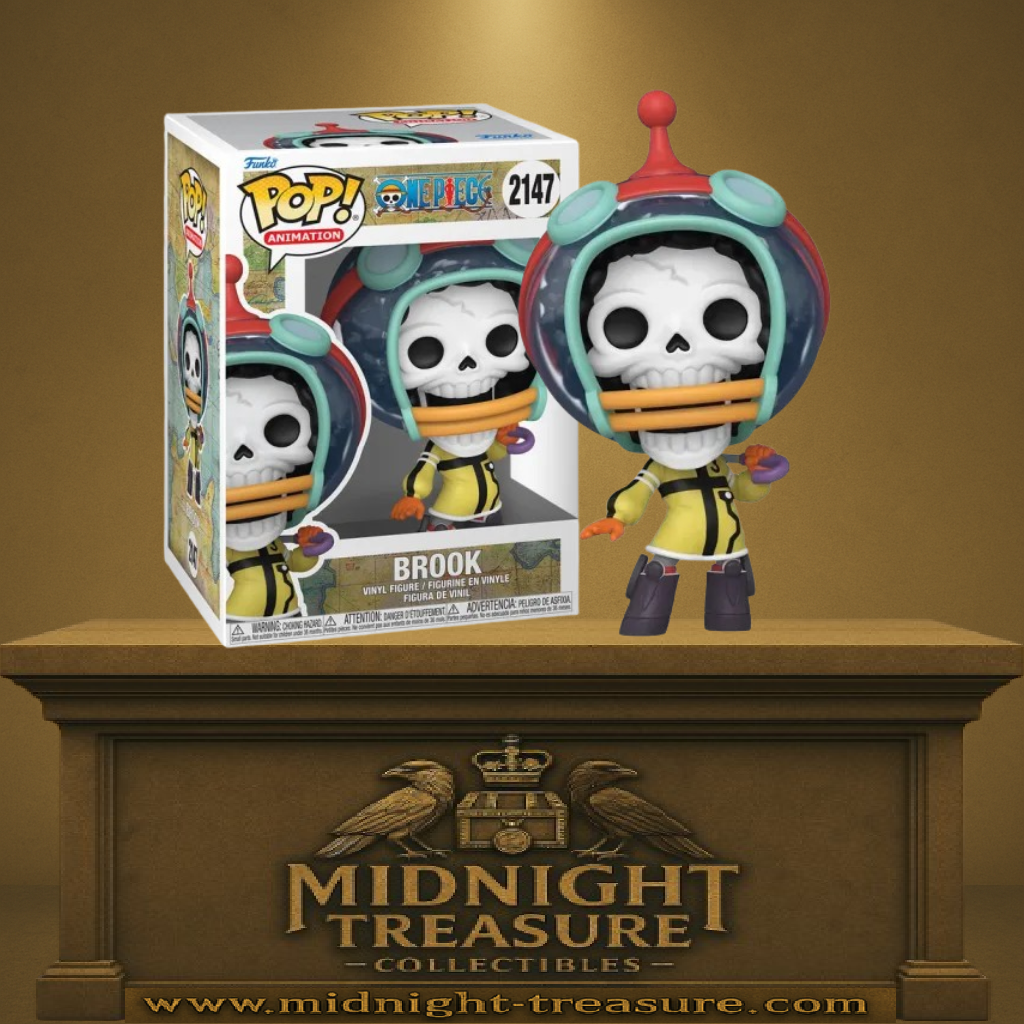 Funko Pop! One Piece – Brook Egghead (N°2147). Brook en tenue futuriste Egghead, casque coloré et donut en main. Figurine dynamique et détaillée parfaite pour les fans de One Piece.