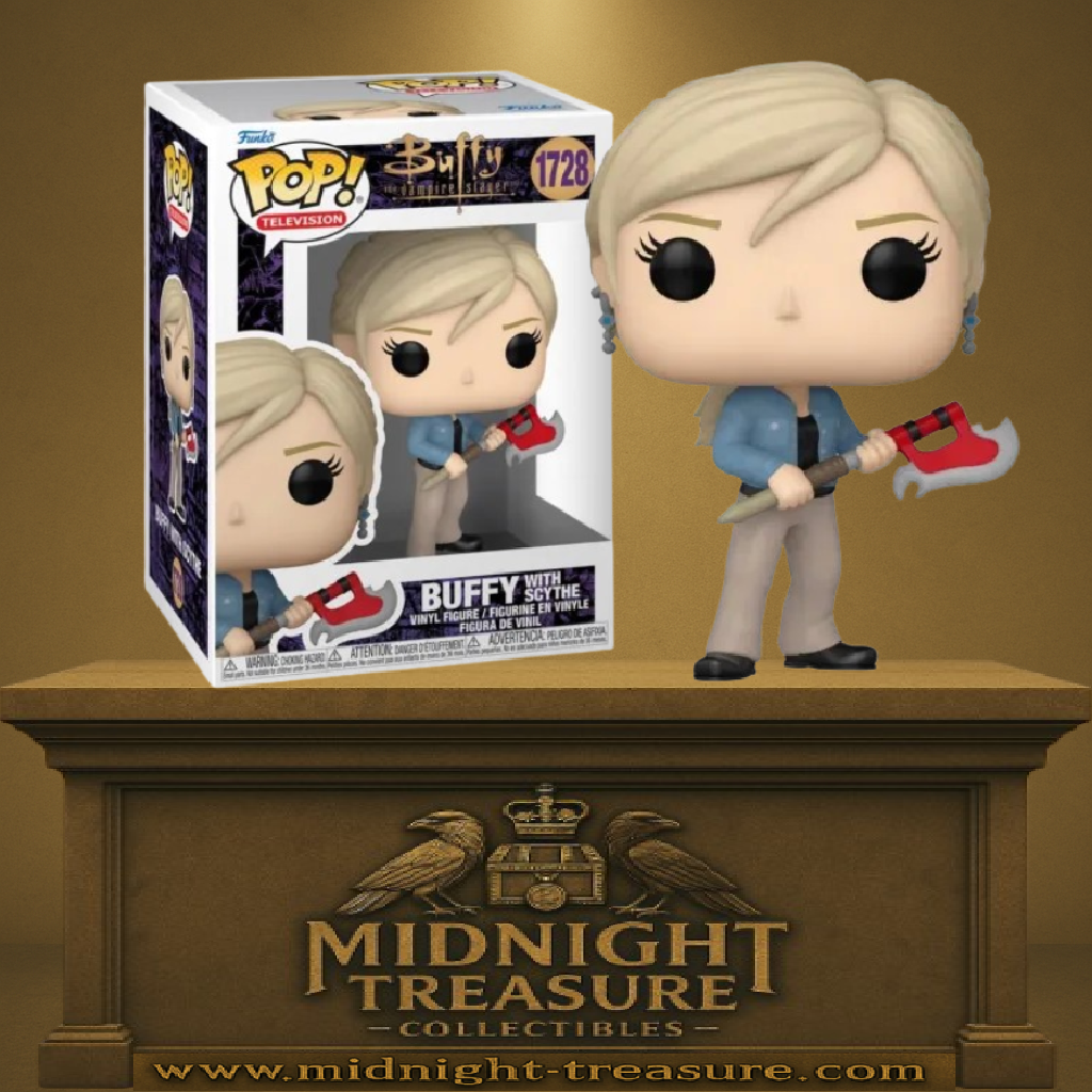 Funko Pop! Buffy contre les Vampires – Buffy with Scythe (N°1728). Figurine représentant Buffy Summers armée de la faux rouge et argentée, prête à combattre les vampires.