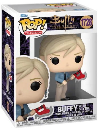 Funko Pop! Buffy contre les Vampires – Buffy with Scythe (N°1728). Figurine représentant Buffy Summers armée de la faux rouge et argentée, prête à combattre les vampires.