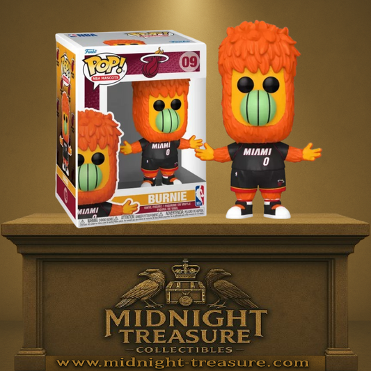 Funko Pop! NBA Mascots – Burnie (09) – Miami Heat. Mascotte flamboyante aux couleurs du Miami Heat, bras ouverts, museau ballon et tenue officielle. Une figurine pleine d’énergie pour les fans de NBA.
