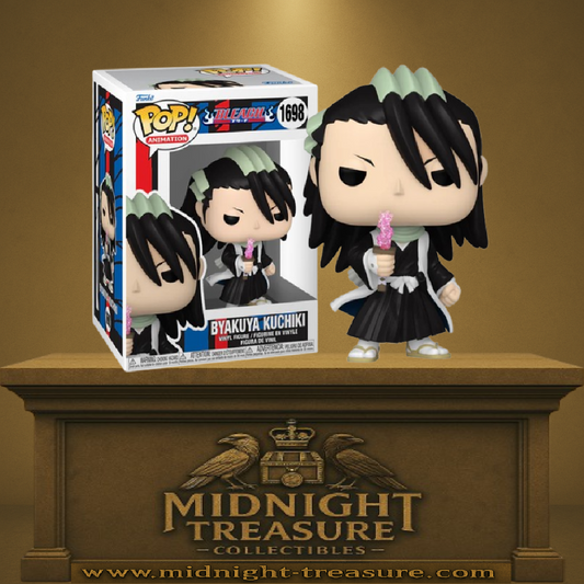 Funko Pop! Bleach – Byakuya Kuchiki (N°1698). Figurine du capitaine de la 6e division invoquant son Bankai Senbonzakura, avec effet rose translucide et tenue de Shinigami. Une pièce majestueuse et fidèle pour les fans de Bleach.
