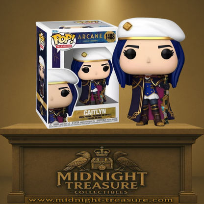 Funko Pop! Arcane – Caitlyn (N°1488). Tenue bleue et or avec casquette blanche, tenant un fusil de précision. Une figurine élégante et détaillée pour les fans de la série et de League of Legends.

