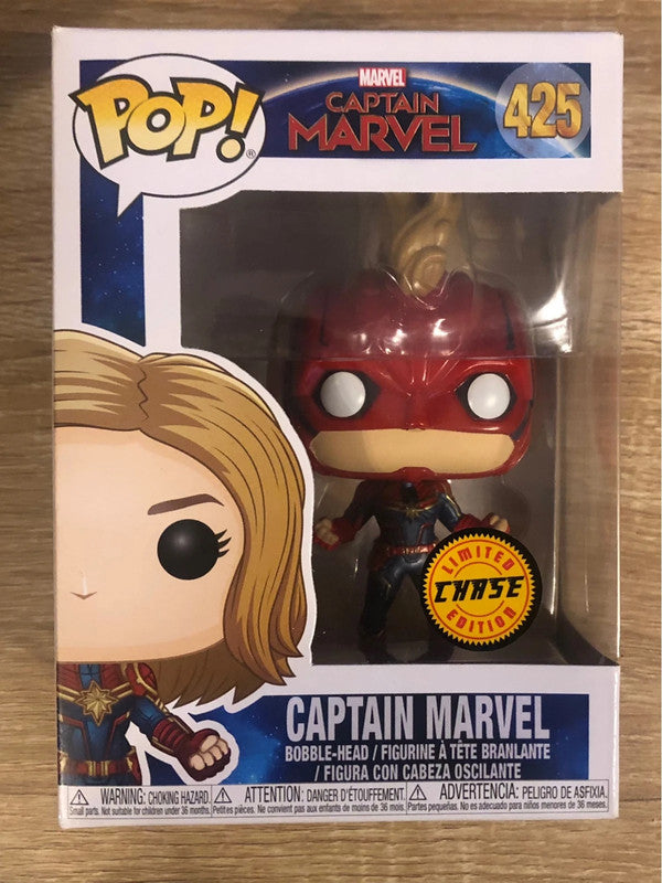 Funko Pop! Captain Marvel 425 - Chase Edition. Figurine représentant Carol Danvers avec son casque Kree et sa crête énergétique. Une édition rare et exclusive pour les fans de Marvel