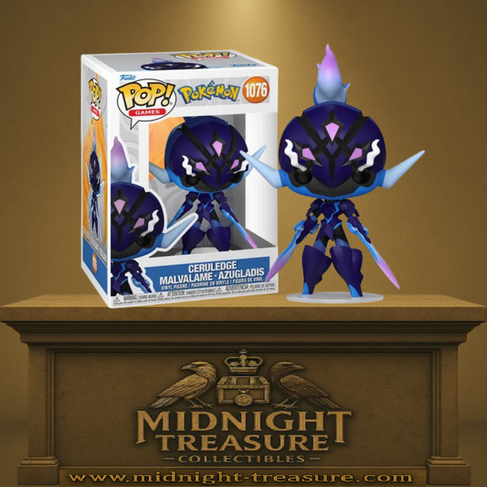 Funko Pop! Pokémon – Ceruledge / Malvalame (N°1076). Armure violette sombre, lames spectrales bleues et violettes, crête flamboyante dégradée. Figurine détaillée pour les fans de Pokémon.

