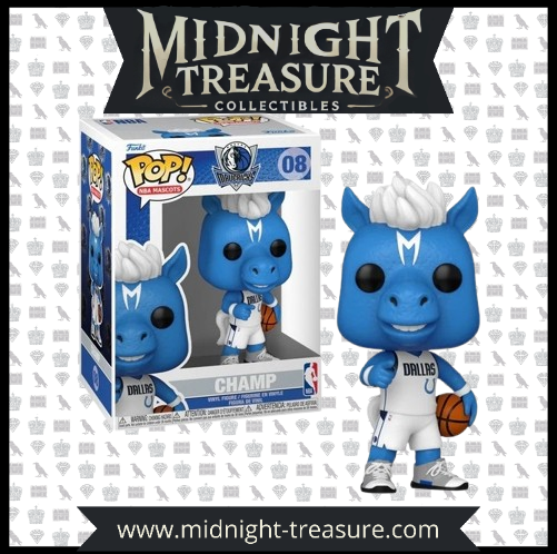 Funko Pop! NBA Mascots 08 - Champ (Dallas Mavericks). Figurine représentant la mascotte officielle des Mavericks avec son maillot et ballon de basket. Design fidèle et dynamique, idéal pour collectionneurs et fans de NBA