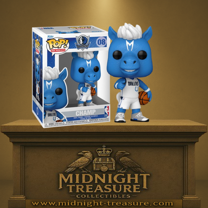 Funko Pop! NBA Mascots 08 - Champ (Dallas Mavericks). Figurine représentant la mascotte officielle des Mavericks avec son maillot et ballon de basket. Design fidèle et dynamique, idéal pour collectionneurs et fans de NBA
